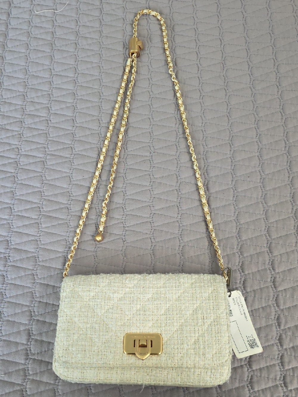 Charles & Keith Cream Tweed Crossbody with Gold Chain
